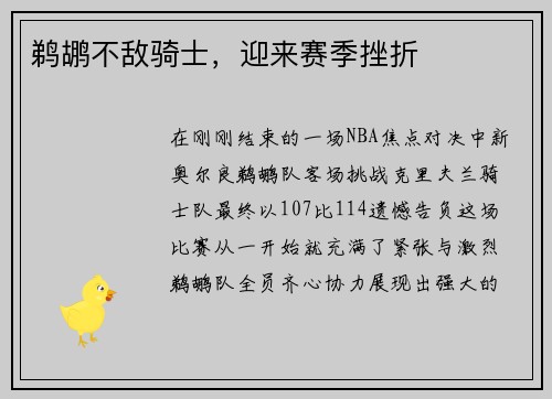 鹈鹕不敌骑士，迎来赛季挫折